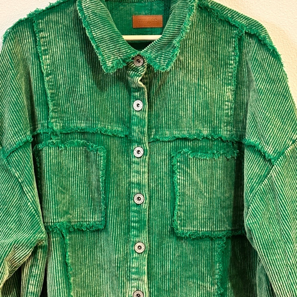Umgee‎ Corduroy Shacket Women Lrg Green Frayed Raw Hem Oversized Button Up K6189